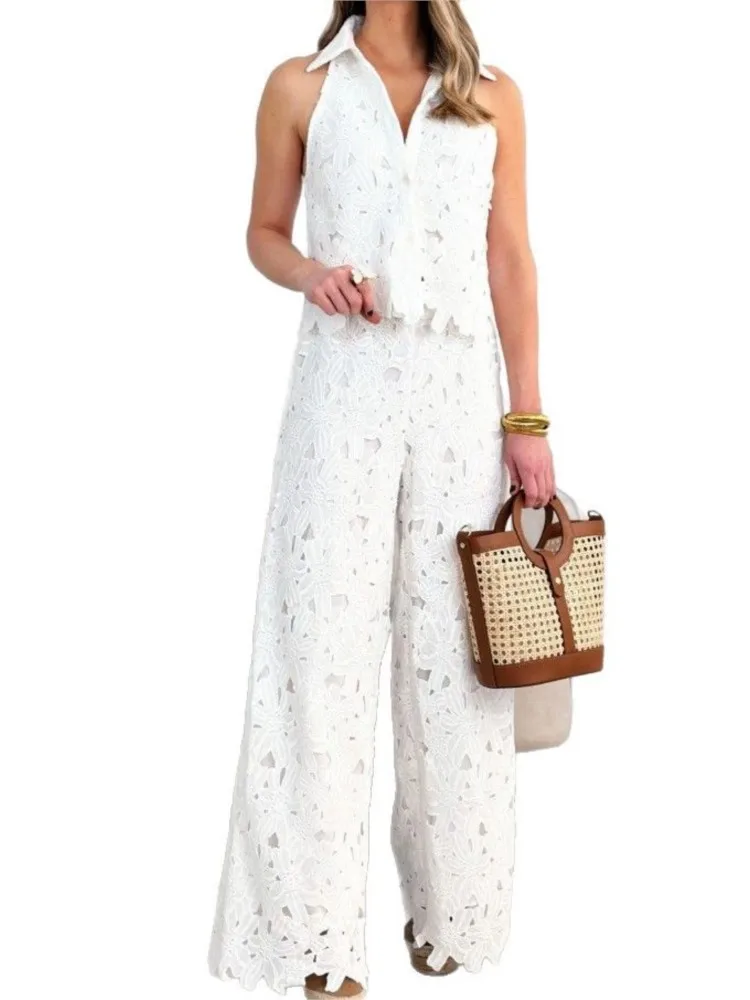 الصيف المرأة بسيطة بلون قطعتين مجموعات مريحة رداء غير رسمية جوفاء الخامس الرقبة الدانتيل سترة علوية واسعة الساق بنطلون مستقيم #5