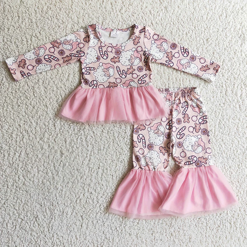 

Wholesale Baby Girl Christmas Santa Gingerbread Set Infant Bell Bottoms Pants Long Sleeve Pink Tulle Top Kid Children Clothes