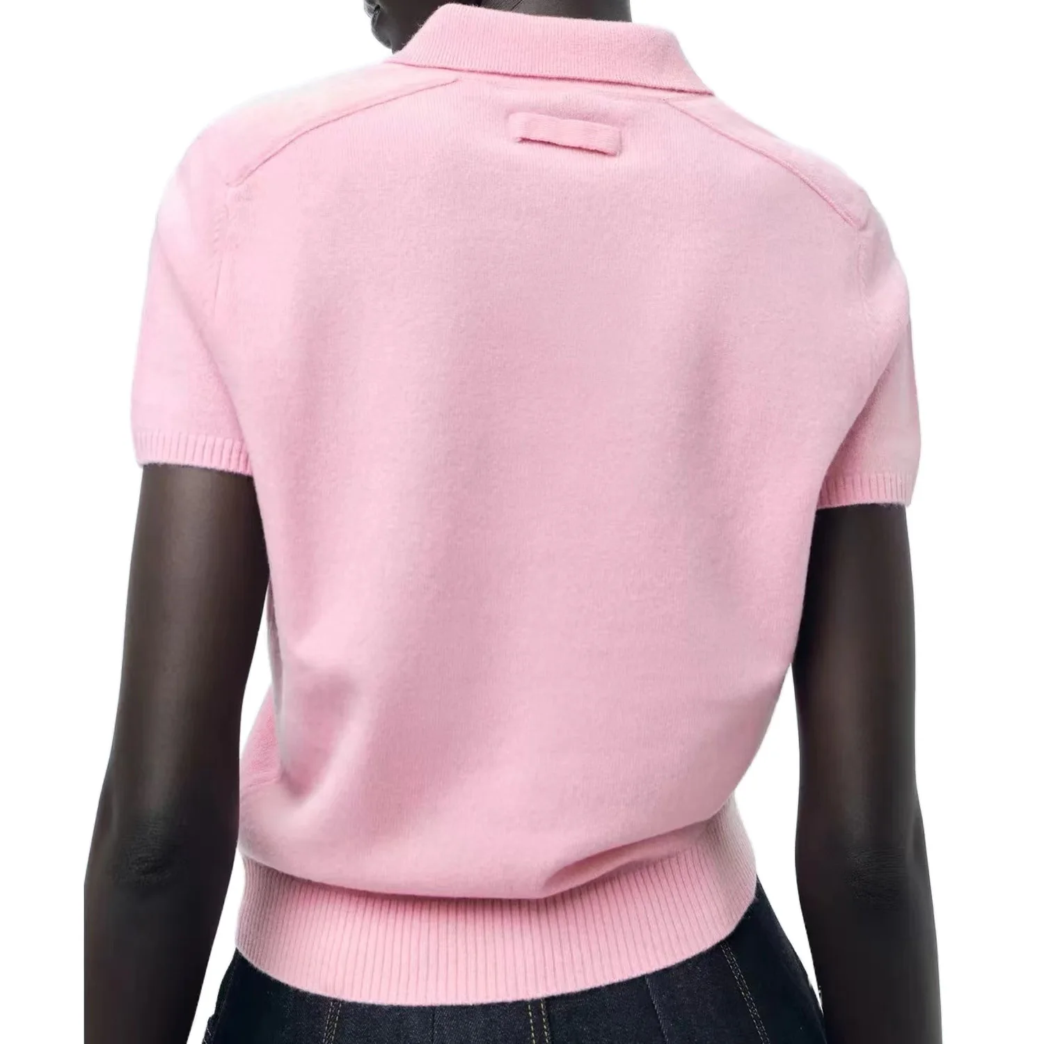 Damski sweter z krótkim rękawem Różowy dzianinowy top z kołnierzykiem polo Basic Commuter Temperament Casual Pullover New Pink