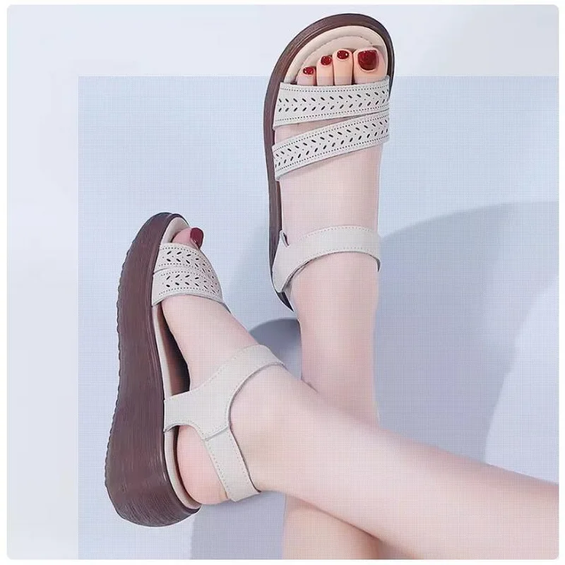 

2024 New Retro Summer Women Sandals Handmade Genuine Leather Single Shoe Casual High Heel Wedges Platform Sandals