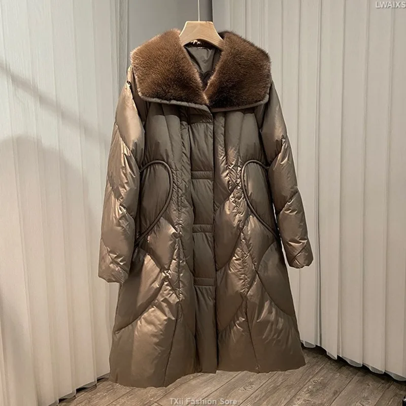 Luxury Slim Long Down Parkas Women Real Mink Fur Collar Hooded Coats Winter Thick Warm White Goose Down Jackets Lady Outerwear