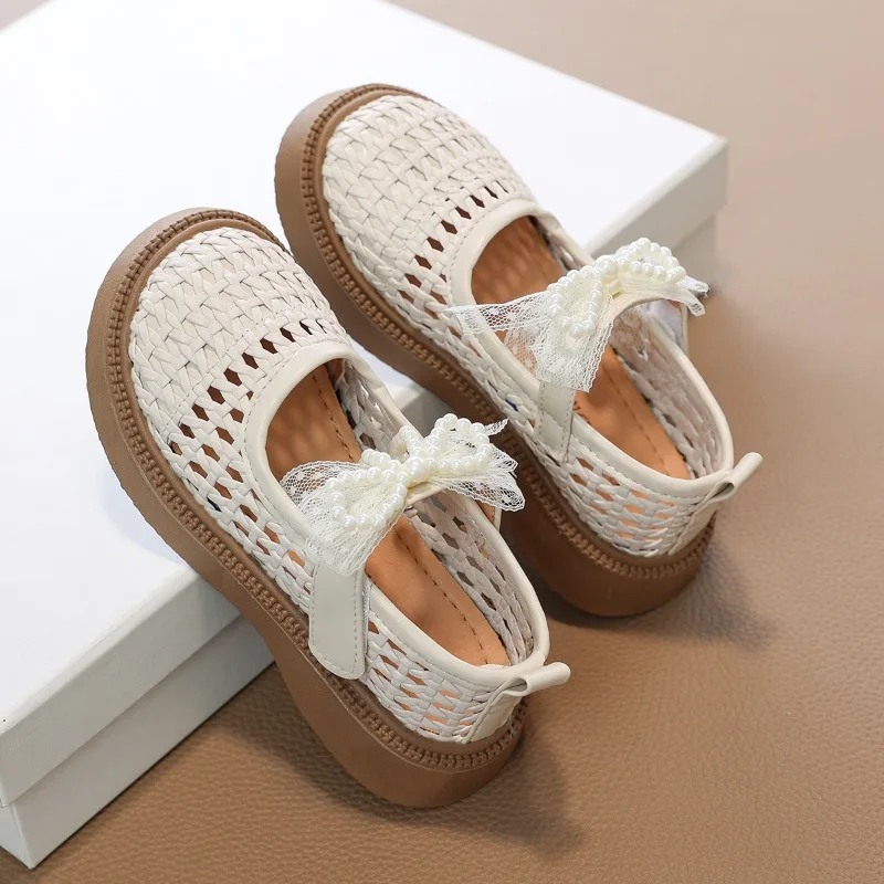 Girls Weave Sandals with Lace Bow-knot Breathable Kids Hollow Out Mary Jane Shoes Children Summer Princess Shoes 2026 New