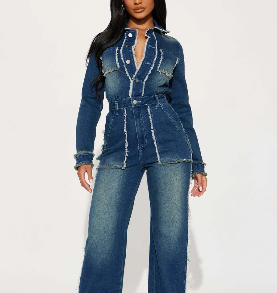 

Spring New Fashion Trend Y2K High Street Style Dark Blue Denim Lapel with Brushed Edge Design Button Women's Denim Jumpsuit