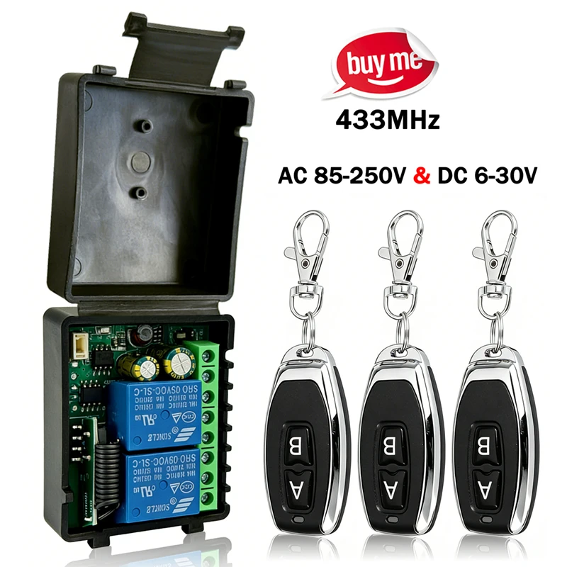 AC 85-250V DC 6-30V 433MHz RF Wireless Remote Control Switch Relay 2CH Receiver For Garage Door Gate Motors Curtain Light DIY