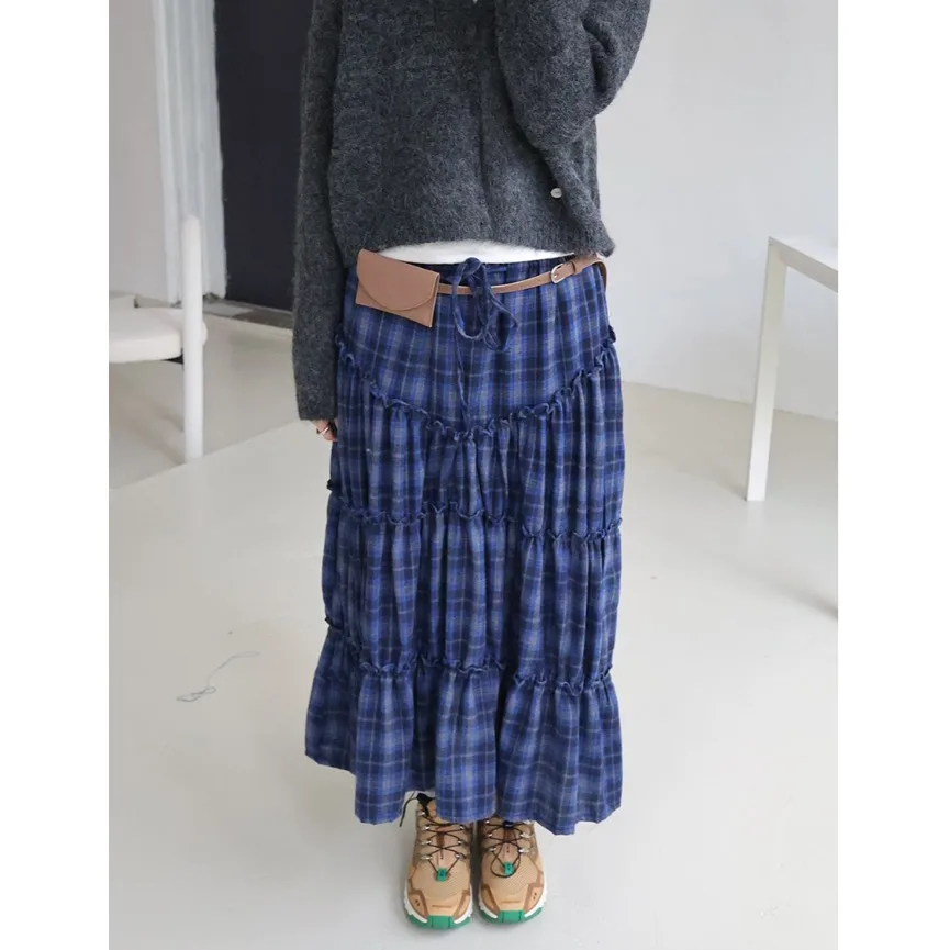 Lente 2025, Dongdaemun retro geruite geplooide ruches f rok lange Dr Koreaanse Sle A-lijn katoen polyester gebreide rok