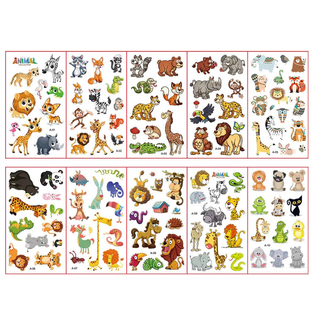 10 Pcs/Set Fake Tattoo Stickers Cartoon Animal Temporary Tattoos Kids Arms DIY Body Art Cartoon Collection