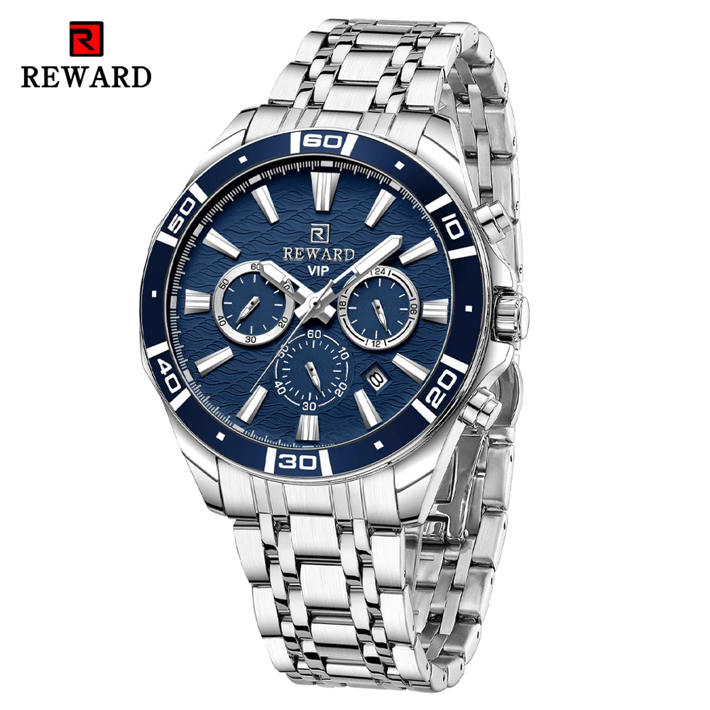 

REWARD Fashion Business Watches for Men Blue Dial Chronograph Waterproof Watch Men Stainless Steel Luminous Sport Wristwatches