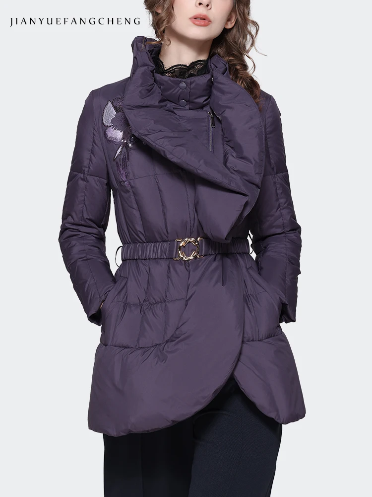 Fashion Ruffles Women Winter Down Jacket Purple Warm Thickened White Duck Down Puffer Coat Vintage Embroidered Casual Jackets