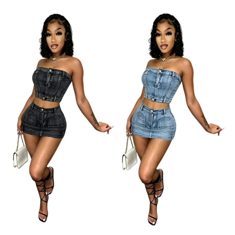 2026 Sommer Neu Heiß begehrtes trägerloses Bodycon Stretch-Jeans-Minirock-Set – Elegante Damen-Denim-Zweiteiler-Outfits – Detail 2