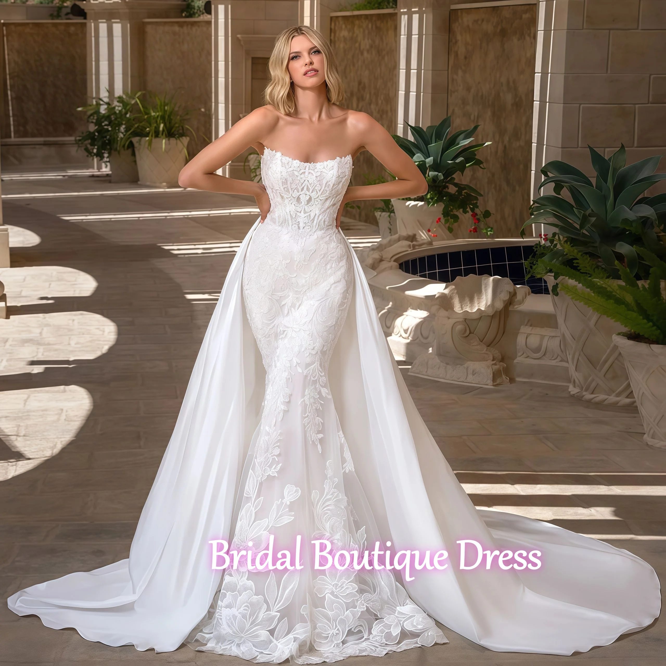 Personalizado requintado sereia vestidos de casamento para mulher noiva trem destacável sem alças renda applique vestido de baile de casamento trem