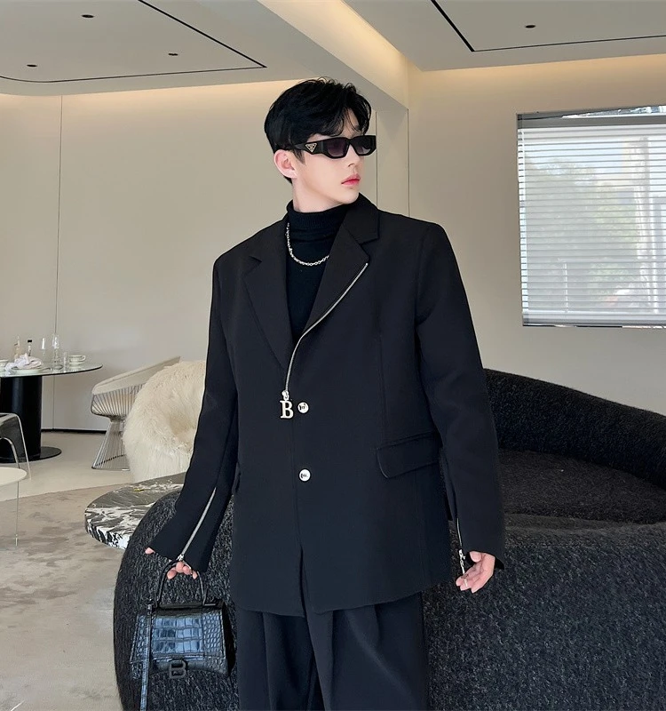 

Korean Sle Irregular Design Zipper Pad oulder Suit Jaet Men's Luxury Loose Top Youth Faion Long Sve Stand Fit