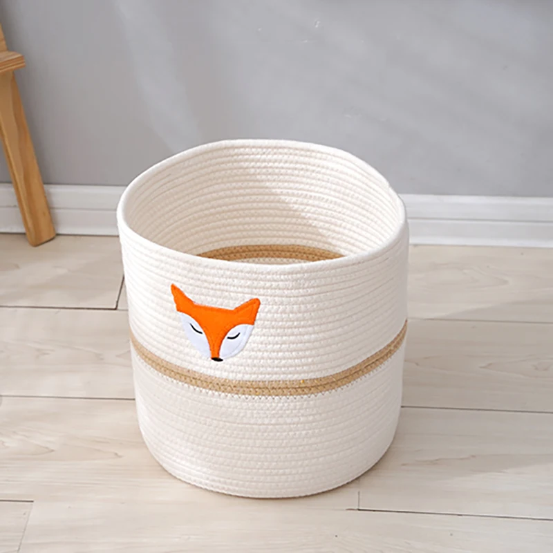 

HANDMADE WEAVING COTTON ROPE LAUNDRY HAMPER LITTLE FOX APPLIQUE STORAGE BASKET FOLDING NEATENING TOYS SUNDRIES ORGANIZER