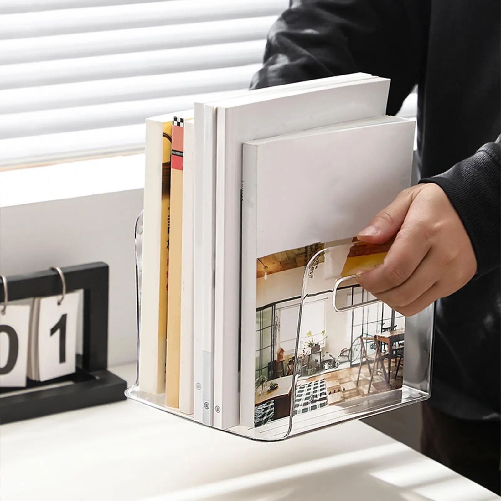 

Clear Desktop Bookshelf Book Storage Rack Decorative Simple with Handles Display Shelf Bookcase for Dorm Home Office Table CD