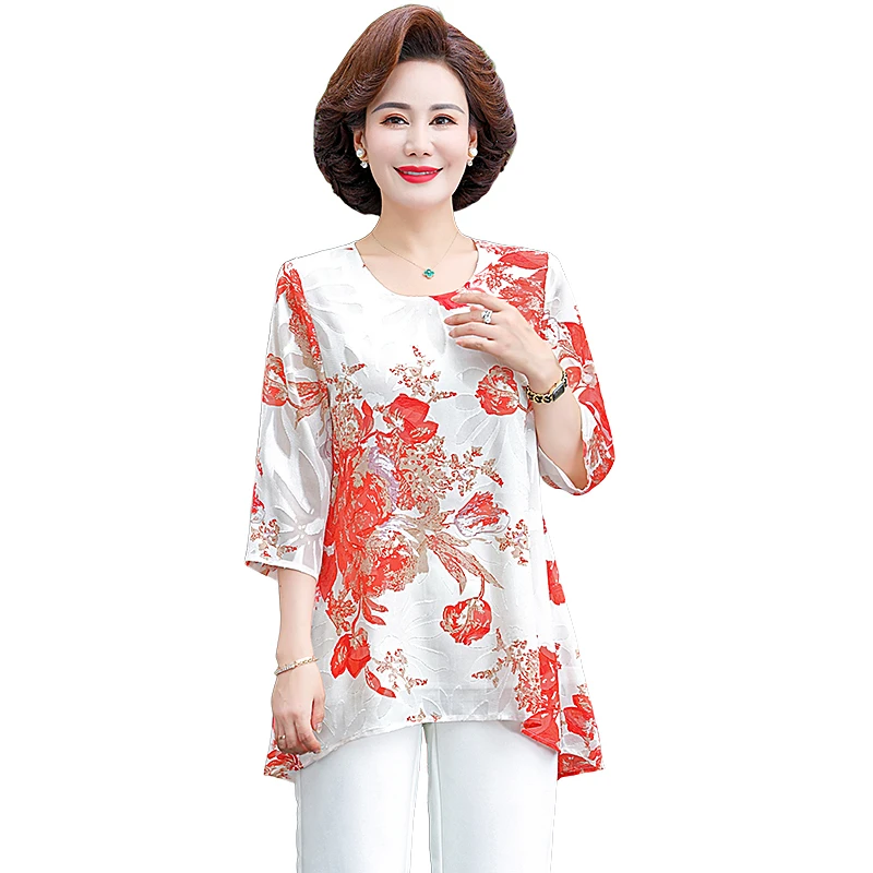 Female Clothing Vintage Floral Printed Midi T-shirt Round Neck 2023 Summer Short Sleeve Irregular All-match Loose Folk Pullovers