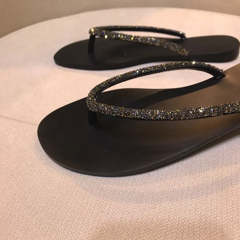 Chanclas de espiga con diamantes de imitación para mujer, sandalias de punta plana con Clip, sandalias de talla grande, sandalias de playa, chanclas