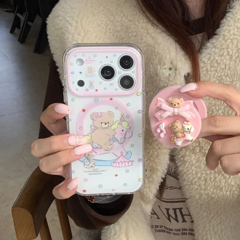 

Funny Cute Horse Bear Magnetic Phone Case For iPhone 17 Pro 14 15 16 Pro Max Cover with Holder Cases For Magsafe Protective Case