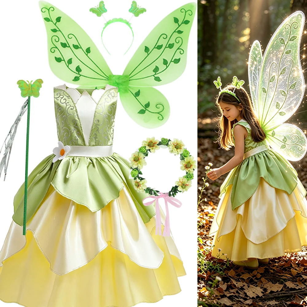 Tiana Costume Girl Green Princess Dress with Fairy Wings Crown Wand for Girls Stage Performance Halloween Cosplay
