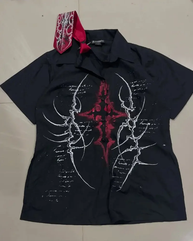 Y2K 블랙 셔츠 타이 수트 아플리케이션 뉴 레트로 하라주쿠 남성 스컬 성경문구 프린팅 티셔츠 패션 고딕 반팔 탑