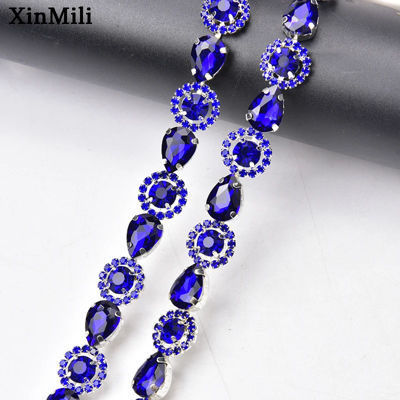 1 Yard Sapphire Leaf Rhinestone Trim Flower Crystal Metal Chain Sew on Women Dress Clothing Shoes Ornament Accessories