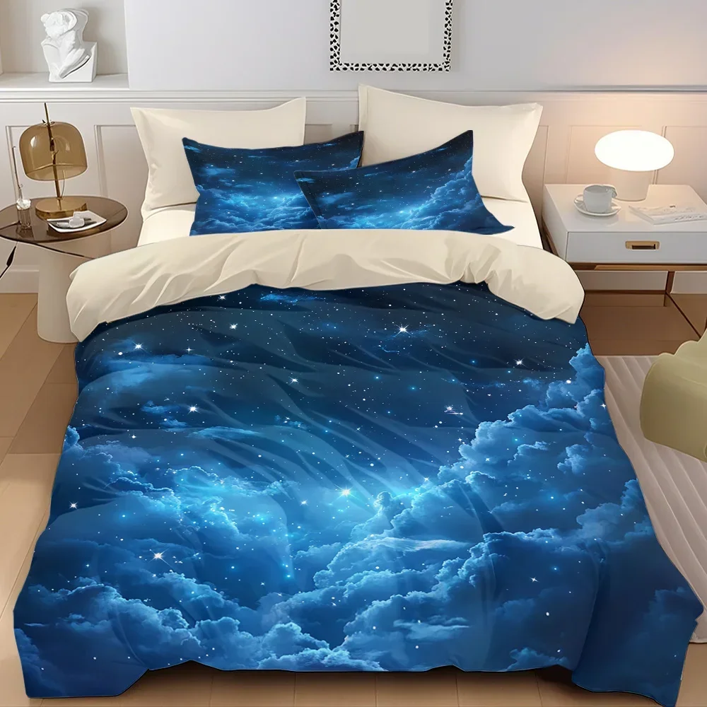 Juego de edredón con estampado de cielo estrellado azul de 3 piezas: incluye 1 funda de edredón y 2 fundas de almohada (sin relleno)