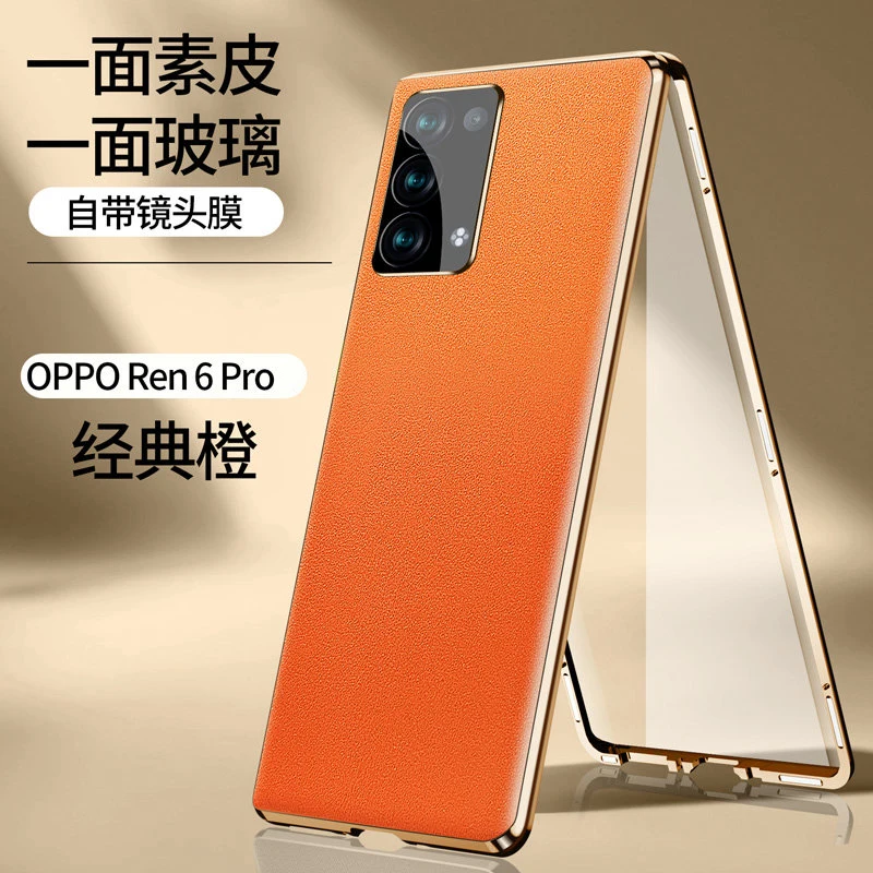 360 Full Protection Metal Bumper Clear Front Glass Case for Oppo Reno 6 Pro 5G CPH2247 with Back PU Leather Cover Protector