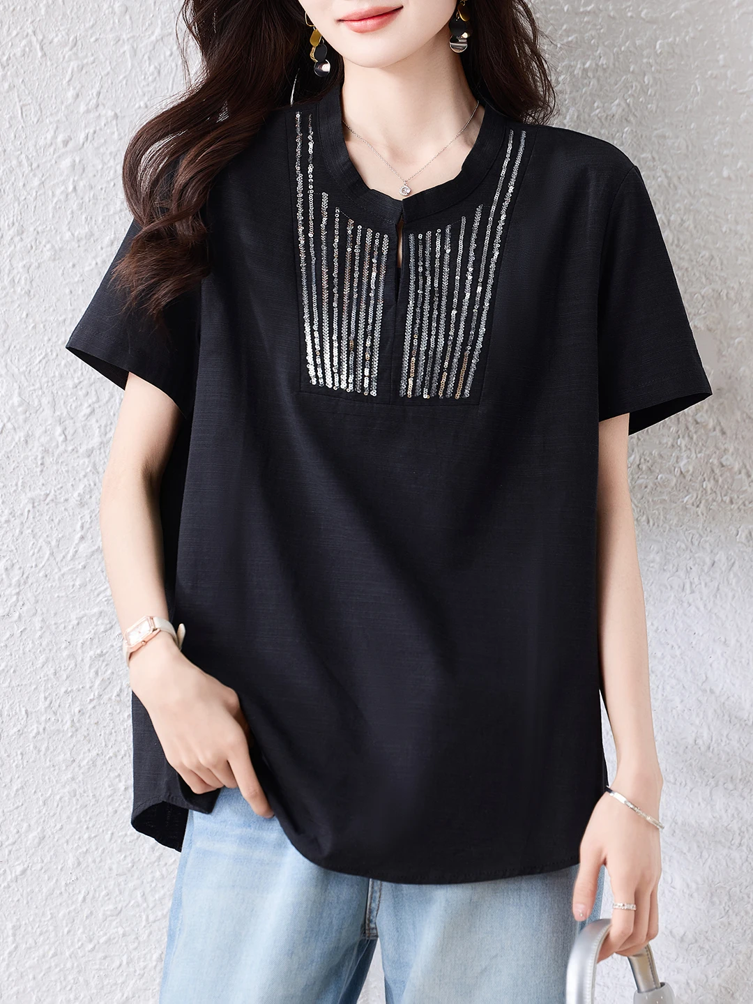 

Casual Loose Women's Shirt Summer 2026 Fashion Slimming Concealing Long Sleeve Mid-Length Casual Top for plus Size Ladies