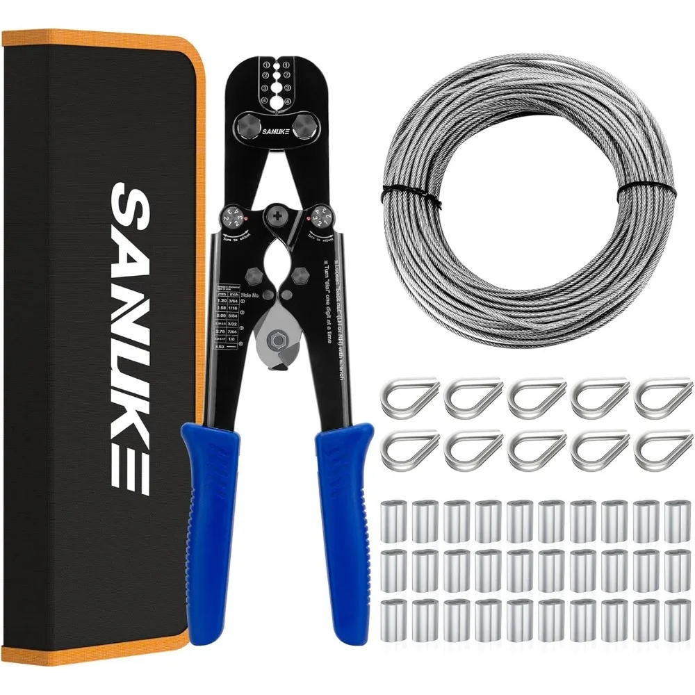 

Wire Rope Crimping Tool Kit with 33ft Stainless Steel Cable for Aluminum Sleeves 3/64" to 1/8"
