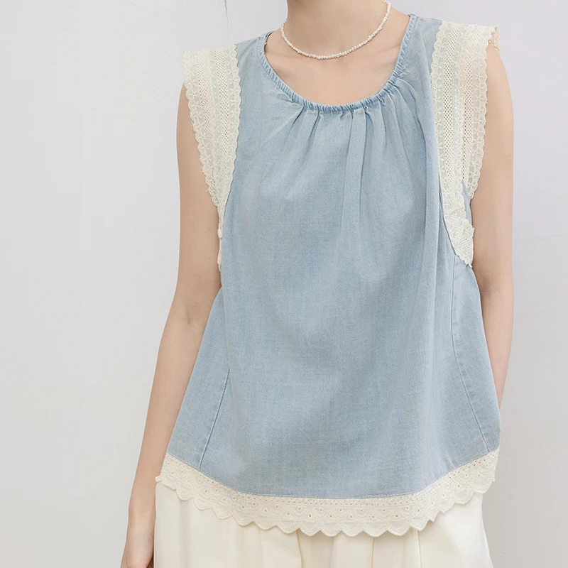 QOERLIN Kawaii Blue Denim Lace Camisole Women's Summer Sleeveless Tank Tops Loose Casual O-Neck Vest Korean Fashion 2024 Shirts