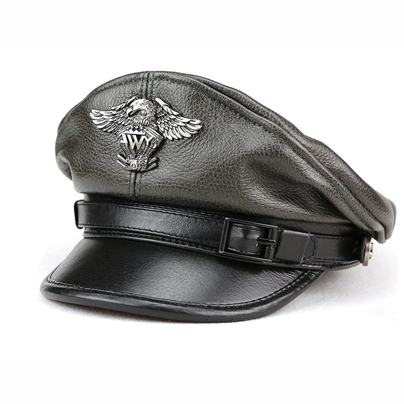 New Retro Military Caps For Men Male Genuine Leather Flat Top Hats European American Captain Locomotive Chapeau