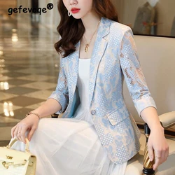 Sommer neue elegante Spitze aushöhlen Blazer Damen Langarm lose Freizeit anzug Damen koreanische Mode Strickjacke Top weiblichen Mantel