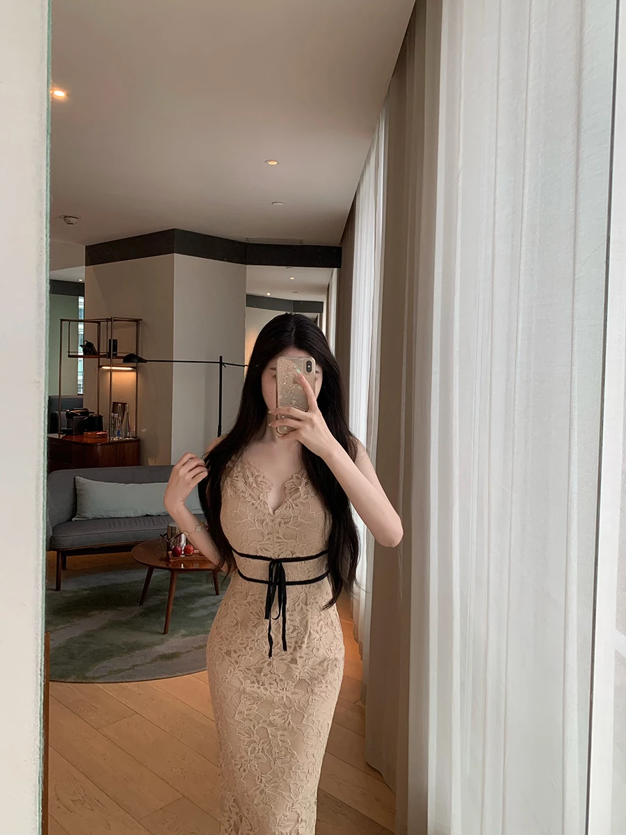 

Ele Lace Svel Midi Dr Slimming Waist Design Summer Faion Women's Dr Cotton Nylon Regenerated Cellulose Fiber