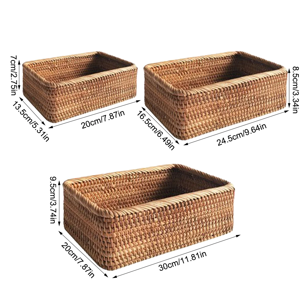 2/3 Rattan Storage Basket Rectangular Household Snack Organizer Container