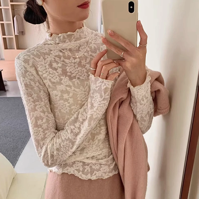 Sweet Mock Neck Lace Wooden Ear Bottoming Shirt Fall and Winter Innerwear Exquisite Blouse Embroidery Delicate Top For Women