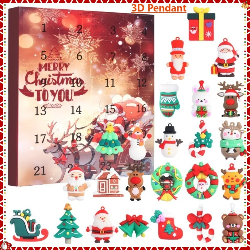 Christmas Advent Calendar Blind Box 3D Santa Christmas Elements Pendant 24-days Countdown To Christmas Surprise Blind Box Gifts