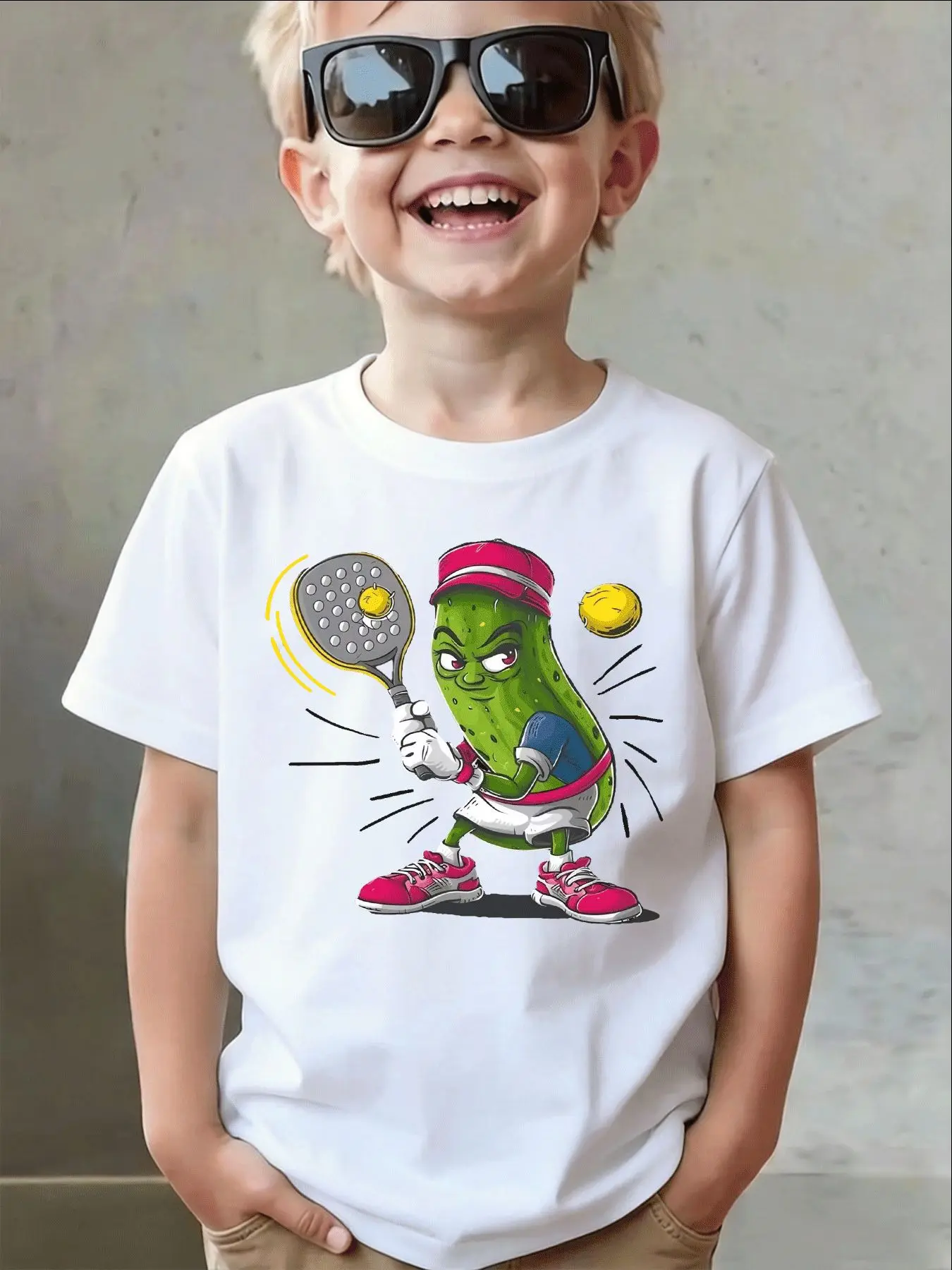 Cool Pickle Playing Padel Tennis Cartoon Print Family Matching Cotton Tees Short Sleeve Tops For Mom Dad Boys Girls Daily Wear