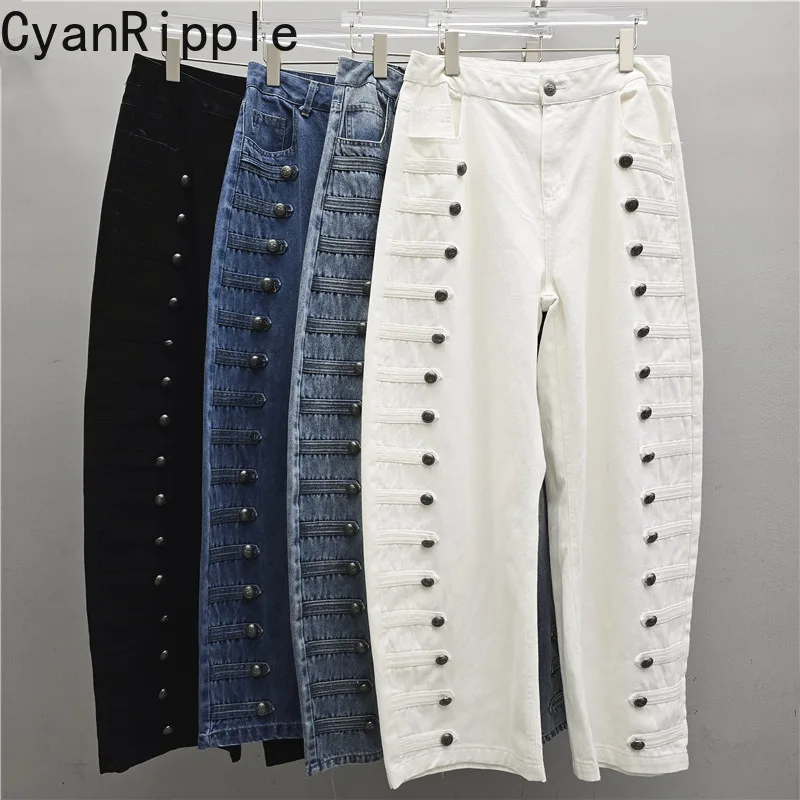 American Style New Spring Autumn Straight Women Denim Pants All-match Multi Row Buckle Floor-length Vintage Female Casual Jeans