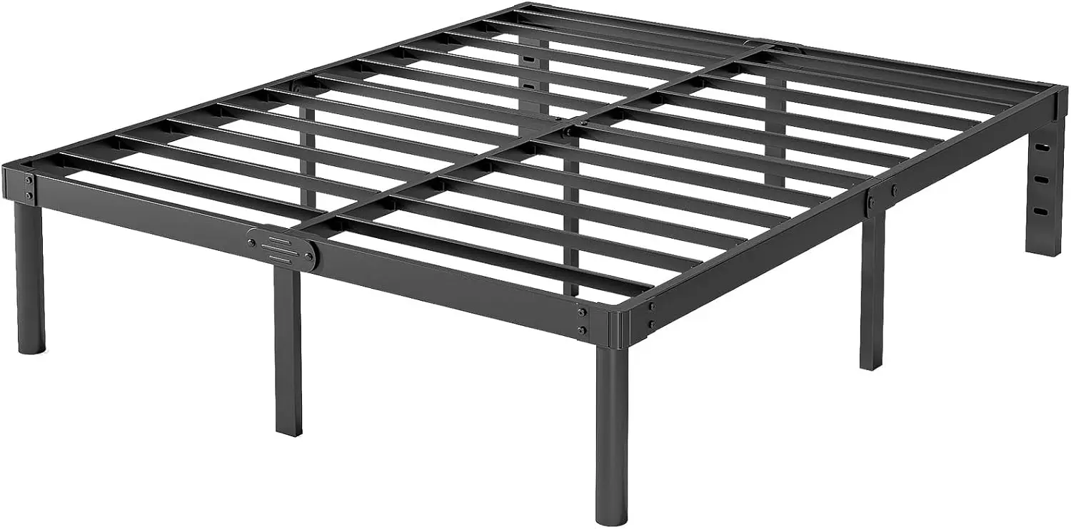 18 inch metal bed frame, large heavy-duty platform bed frame, large boxless spring, easy to assemble, noise free, black