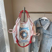 Kawaii Donut Embroidery Tote Bag Lightweight Nylon Spacious Open Top Cute College Bag for Girls Daily Commute Crossbody Bag