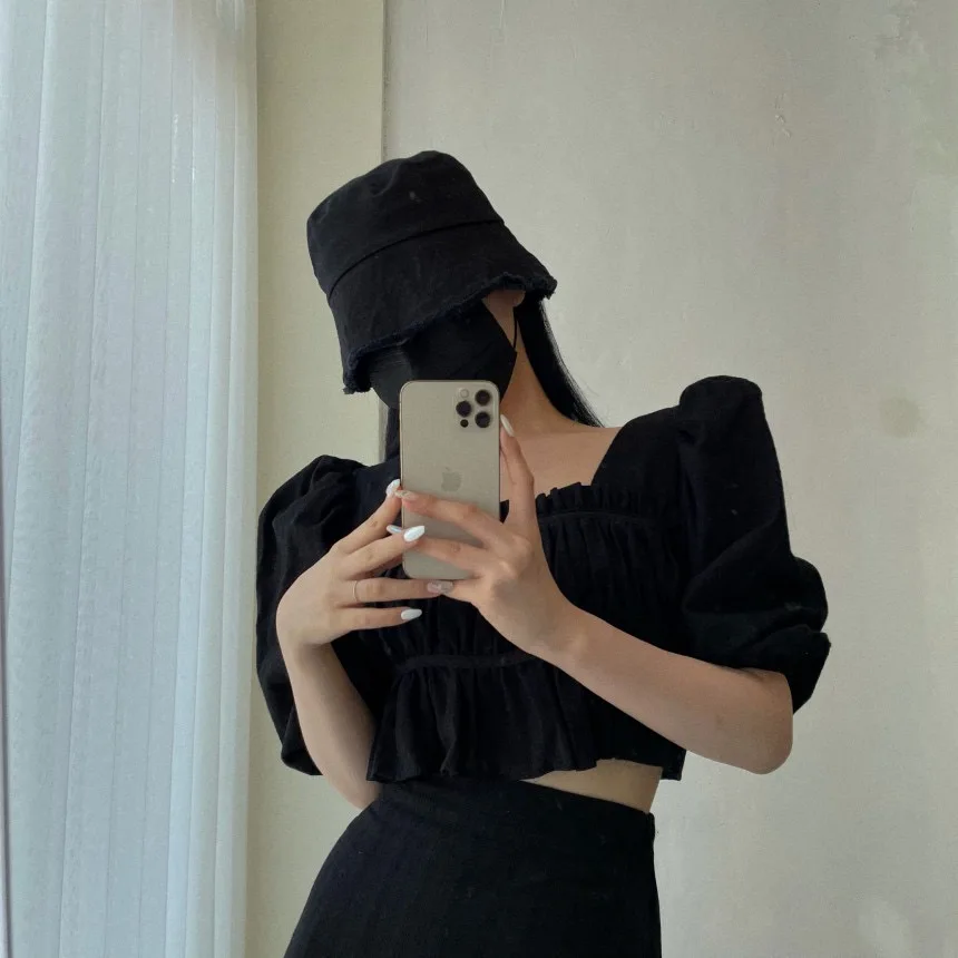 SM Elegant Chic ชุดกระโปรงผู้หญิงเกาหลี 2 ชิ้นชุด 2025 ฤดูร้อนสแควร์คอพัฟแขนเสื้อ + เอวกระโปรงหางปลา (hf1302