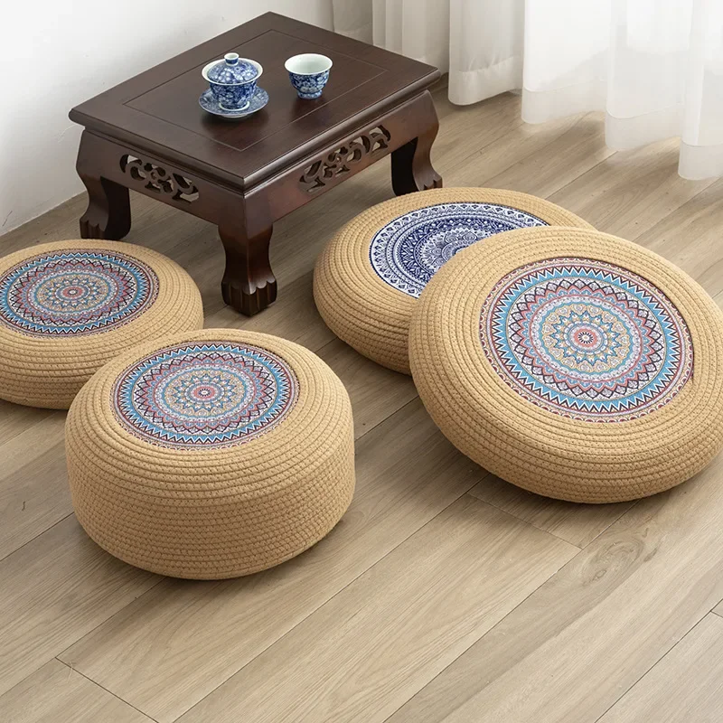High Quality Cotton Rope Pouf Ottoman Bohemian Printing Non-Slip Meditation Mat Thick Balcony Bay Window Aesthetic Room Decor