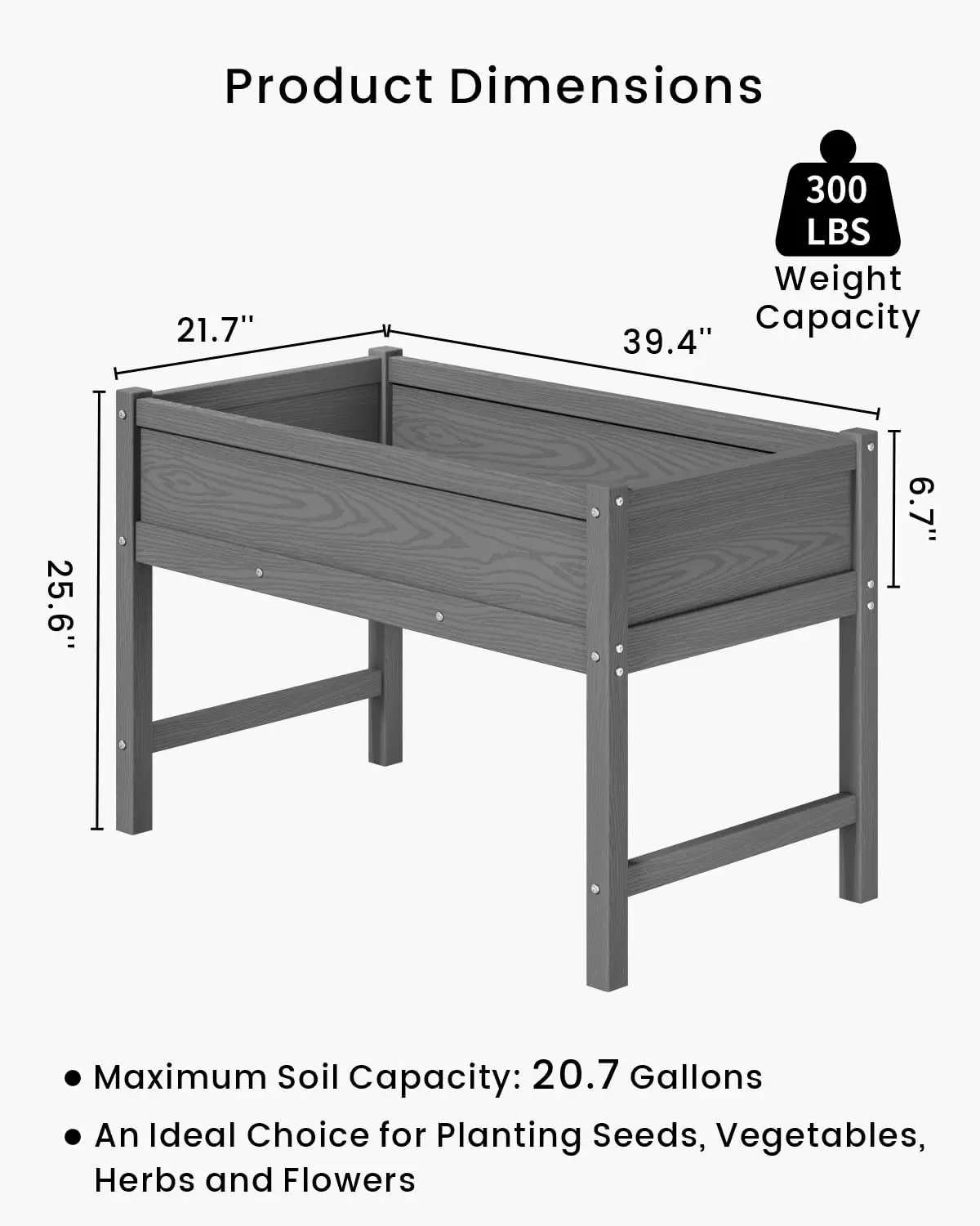 Weatherproof Raised Garden Bed HDPE Outdoor Elevated Planter Box With Legs Standing Flower Container Deck Patio Balcony Planting Box Grey