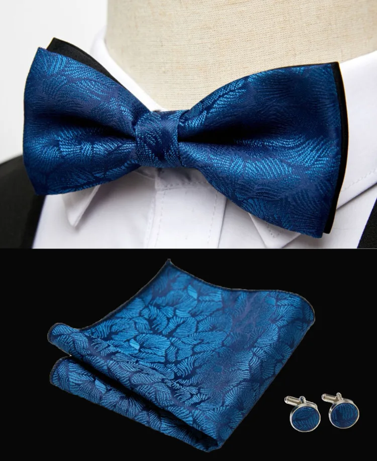 HUISHI Klassische blaue Fliege für Männer, Paisley-Blumenfliege, Einstecktuch, Manschettenknöpfe, Anzug-Set, Hochzeit, Party, kariert, solide Schmetterling – Detail 13