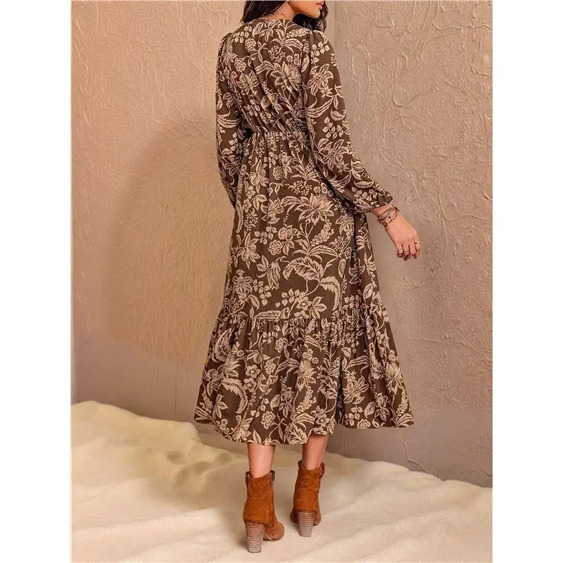 핫 Kf-여성 보헤미안 플로럴 롱 슬리브 맥시 드레스 V넥 엠파이어 웨이스트 가을 웨딩 게스트 드레스 포켓 포함