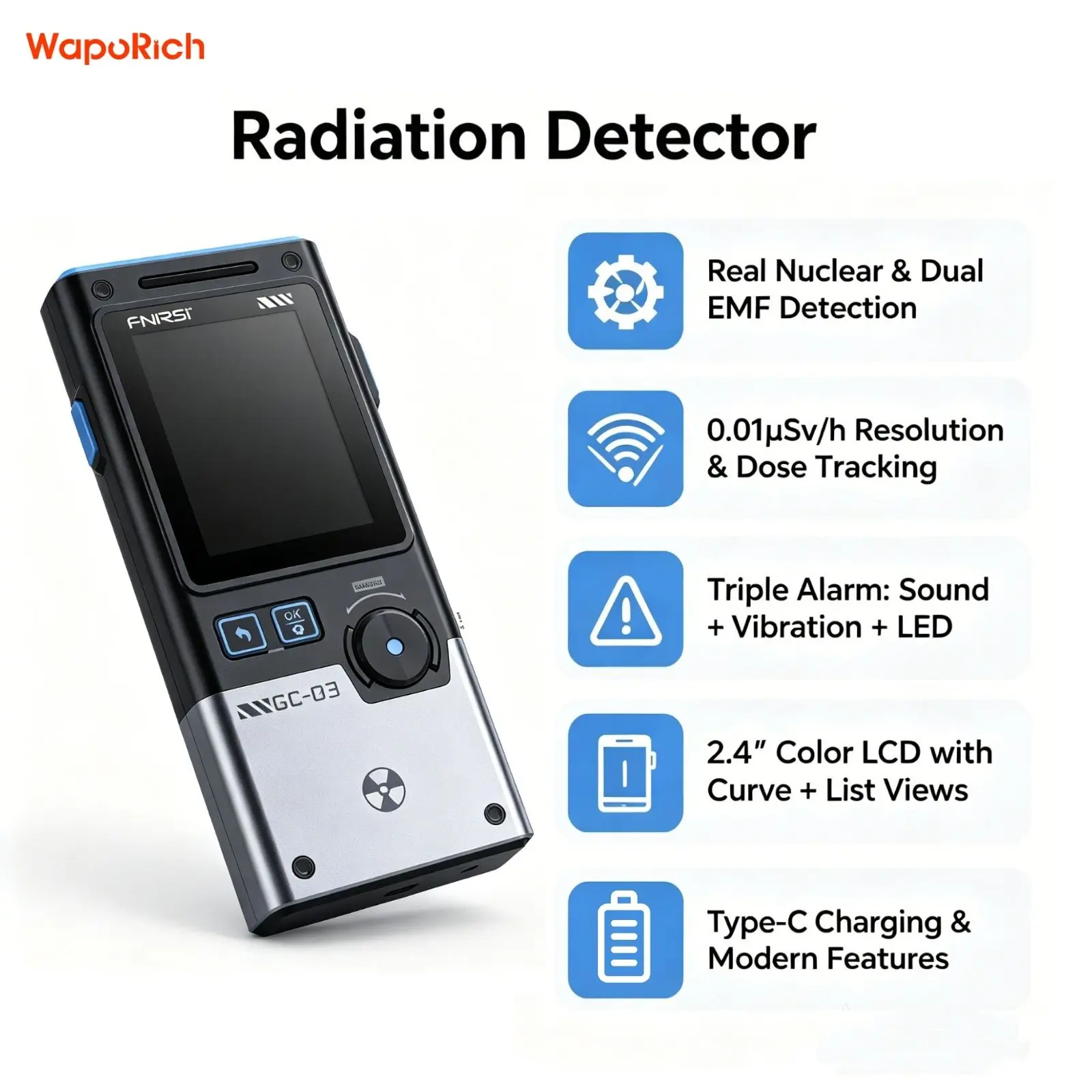 FNIRSI GC-03 3-in-1 Geiger Counter Electromagnetic Detector, 3 Modes, Real-Time Radiation Monitor, Rechargeable EMF Meter, No RF