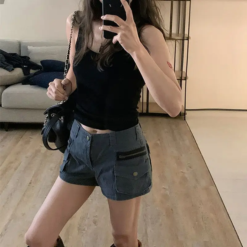 

Pockets Tooling Shorts Women's Elastic Slim Casual Straight Denim Jeans Hot Pants