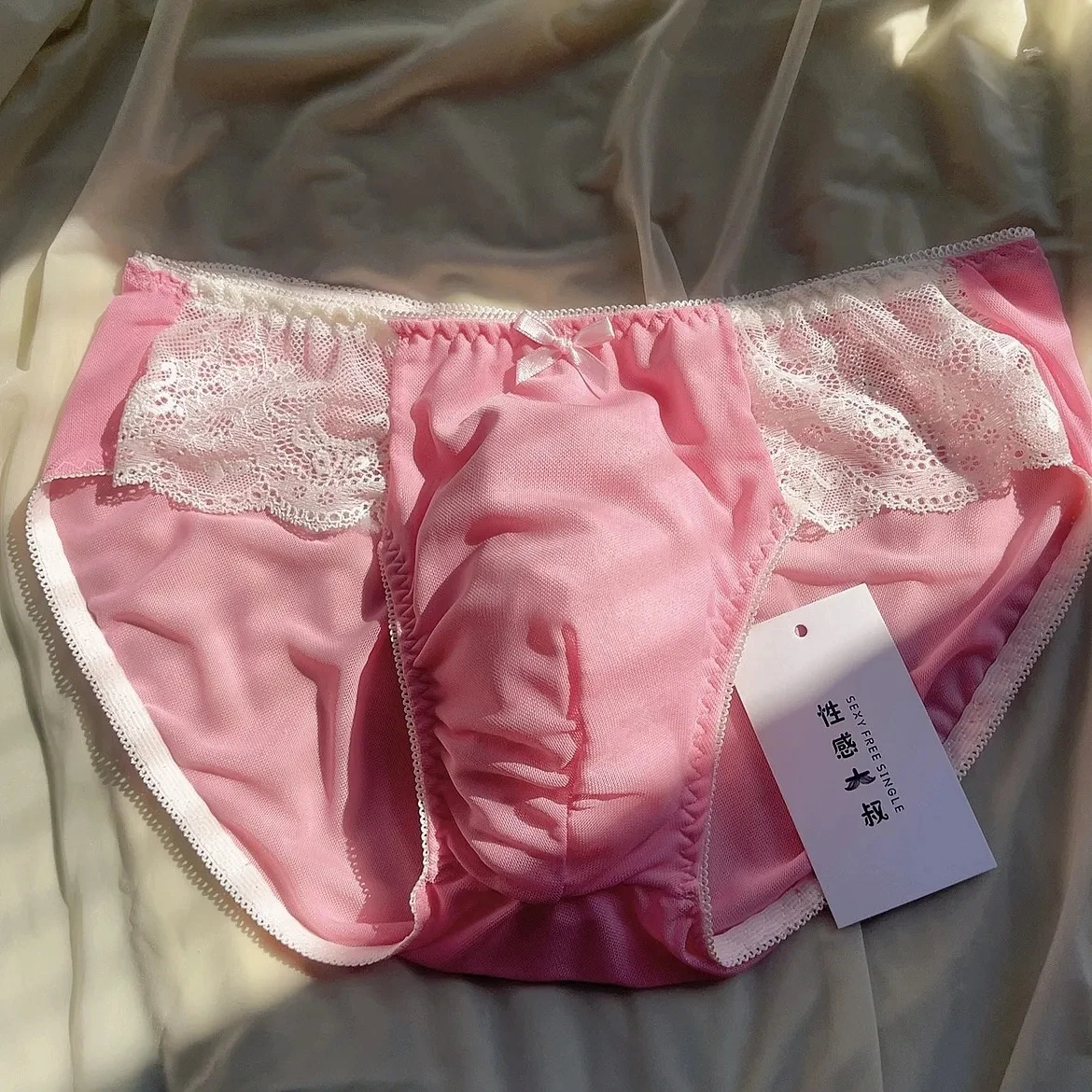 Handmake Man Lace Hem Pink Panty Briefs BF Gifts Harajuku FKK Party Private LGBQT