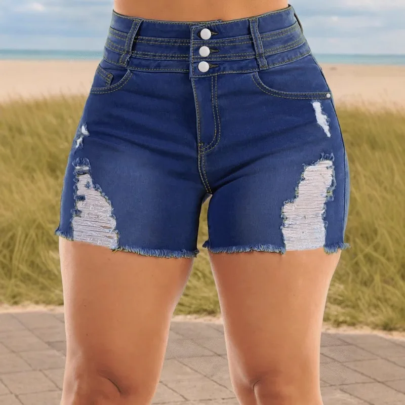 

Women's Shorts Denim Shorts American Three Layer Waist Button Ripped Distressed Frayed Hem Stretch Summer