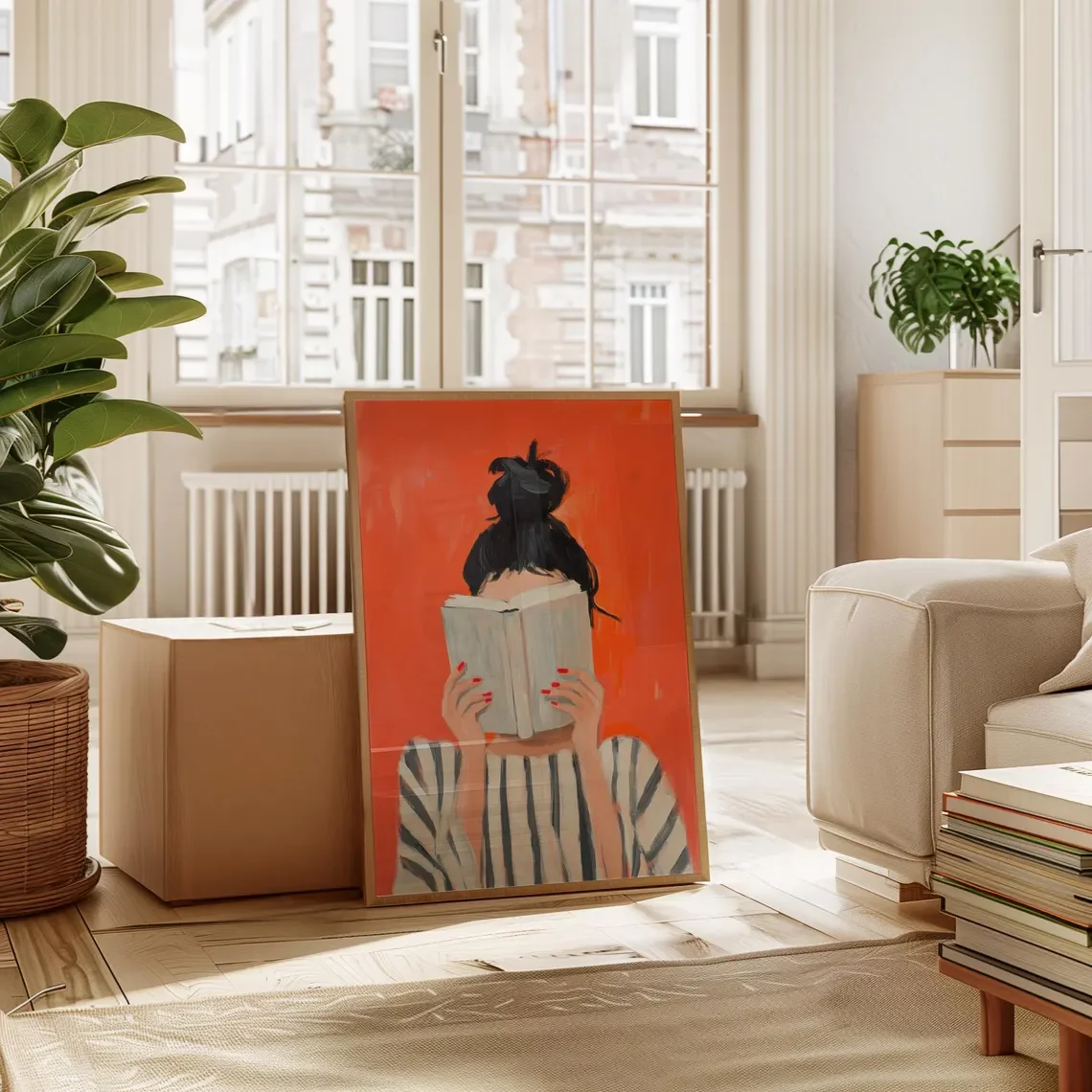 Reading Woman Art Print | Book Poster | Feminine Cozy Wall Art | Bold Orange Art Print | Abstract Contemporary Portrait Art image 2