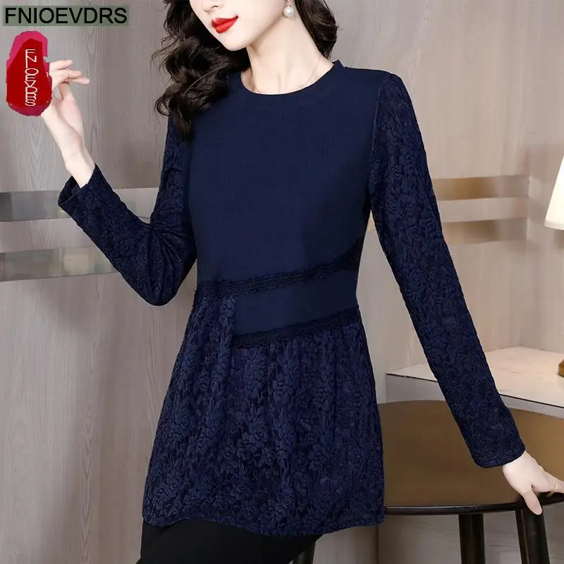 L-5XL Tunic Tops Hot Sales Women Long Sleeve Elegant Office Lady Patchwork Lace Warm Velvet Belly Design Peplum Top Blouses