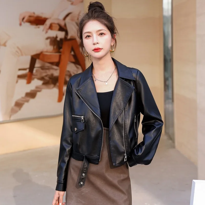 2024 جديد Faion بولي Leather الجلود Jaet ort دراجة نارية Sle المرأة عادية ربيع الخريف سستة الشارع Sle معطف فضفاض صالح